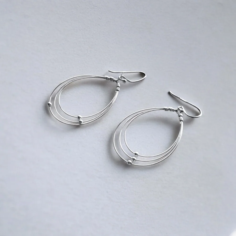 Sterling Silver 3 Wire Beaded Teardrop Dangle Earrings